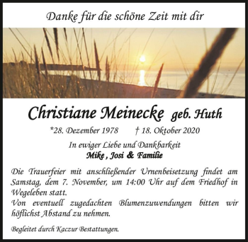 Traueranzeige von Christiane Meinecke (geb. Huth)  von Magdeburger Volksstimme