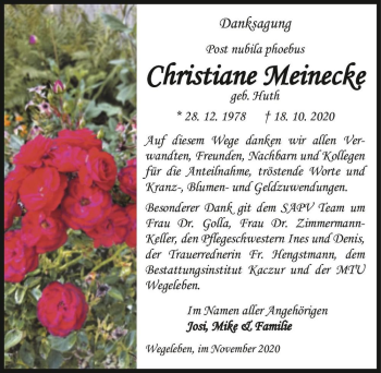 Traueranzeige von Christiane Meinecke (geb. Huth)  von Magdeburger Volksstimme