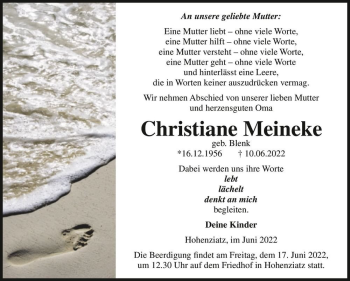 Traueranzeige von Christiane Meineke (geb. Blenk)  von Magdeburger Volksstimme