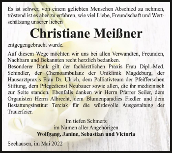 Traueranzeige von Christiane Meißner  von Magdeburger Volksstimme
