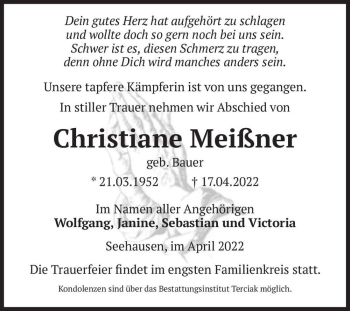 Traueranzeige von Christiane Meißner (geb. Bauer)  von Magdeburger Volksstimme