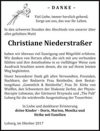 Traueranzeige von Christiane Niederstraßer  von Magdeburger Volksstimme