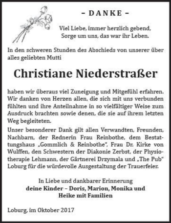 Traueranzeige von Christiane Niederstraßer  von Magdeburger Volksstimme