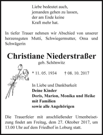 Traueranzeige von Christiane Niederstraßer (geb. Schönwitz)  von Magdeburger Volksstimme