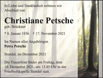 Traueranzeige von Christiane Petsche (geb. Brückner)  von Magdeburger Volksstimme