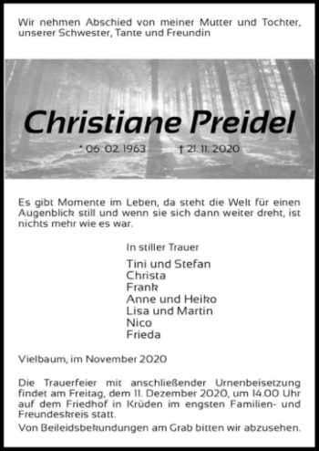 Traueranzeige von Christiane Preidel  von Magdeburger Volksstimme