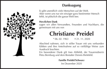 Traueranzeige von Christiane Preidel  von Magdeburger Volksstimme