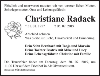 Traueranzeige von Christiane Radack  von Magdeburger Volksstimme