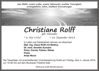 Traueranzeige von Christiane Rolff (geb. Schrader)  von Magdeburger Volksstimme