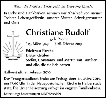 Traueranzeige von Christiane Rudolf (geb. Parche)  von Magdeburger Volksstimme