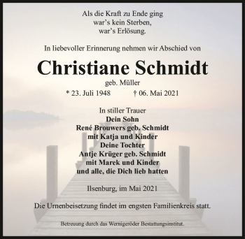Traueranzeige von Christiane Schmidt (geb. Müller)  von Magdeburger Volksstimme