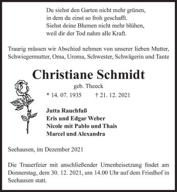 Traueranzeige von Christiane Schmidt (geb. Theeck)  von Magdeburger Volksstimme