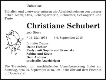 Traueranzeige von Christiane Schubert (geb. Stoye)  von Magdeburger Volksstimme