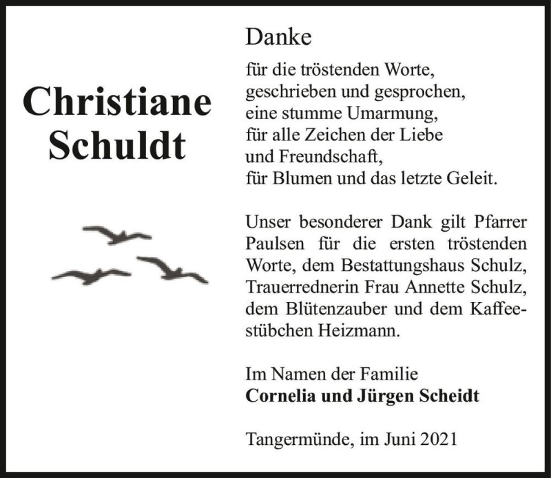  Traueranzeige für Christiane Schuldt  vom 12.06.2021 aus Magdeburger Volksstimme