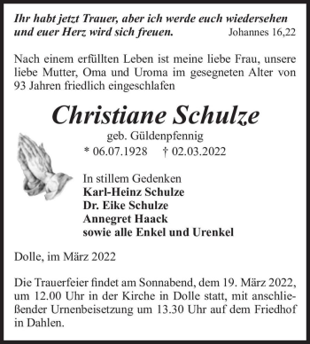 Traueranzeige von Christiane Schulze (geb. Güldenpfennig)  von Magdeburger Volksstimme