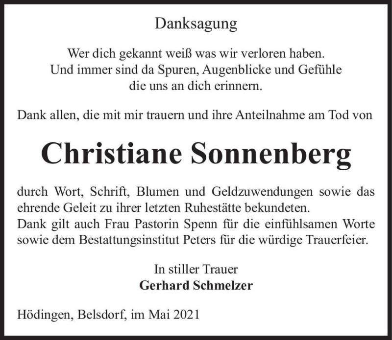  Traueranzeige für Christiane Sonnenberg  vom 29.05.2021 aus Magdeburger Volksstimme