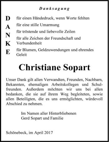 Traueranzeige von Christiane Sopart  von Magdeburger Volksstimme