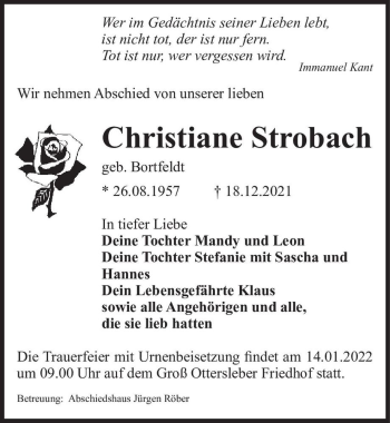 Traueranzeige von Christiane Strobach (geb. Bortfeldt)  von Magdeburger Volksstimme