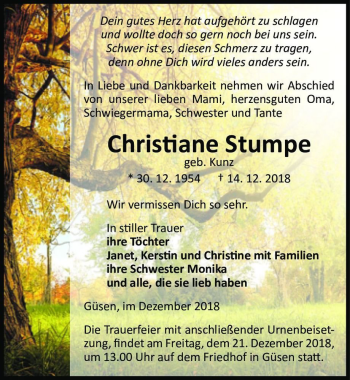 Traueranzeige von Christiane Stumpe (geb. Kunz)  von Magdeburger Volksstimme