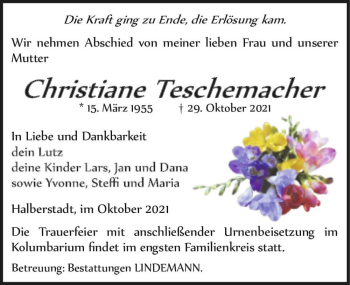 Traueranzeige von Christiane Teschemacher  von Magdeburger Volksstimme