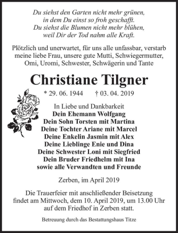 Traueranzeige von Christiane Tilgner  von Magdeburger Volksstimme