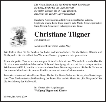 Traueranzeige von Christiane Tilgner (geb. Heinsberg)  von Magdeburger Volksstimme