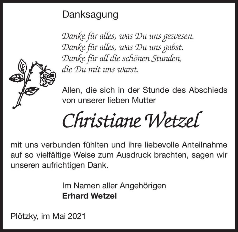  Traueranzeige für Christiane Wetzel  vom 29.05.2021 aus Magdeburger Volksstimme