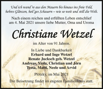Traueranzeige von Christiane Wetzel  von Magdeburger Volksstimme