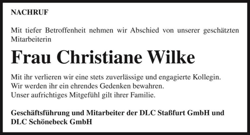  Traueranzeige für Christiane Wilke  vom 06.08.2016 aus Magdeburger Volksstimme