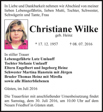 Traueranzeige von Christiane Wilke (geb. Heinz)  von Magdeburger Volksstimme