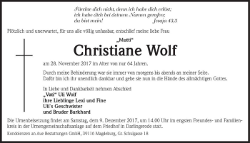 Traueranzeige von Christiane Wolf  von Magdeburger Volksstimme