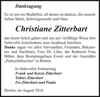 Traueranzeige von Christiane Zitterbart  von Magdeburger Volksstimme