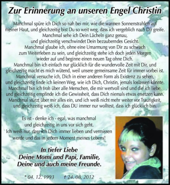 Traueranzeige von Christin  von Magdeburger Volksstimme
