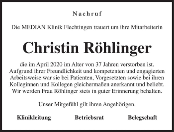Traueranzeige von Christin Röhlinger  von Magdeburger Volksstimme