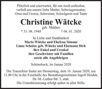 Traueranzeige von Christin Wätcke (geb. Matthes)  von Magdeburger Volksstimme