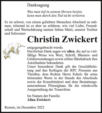 Traueranzeige von Christin Zwickert  von Magdeburger Volksstimme
