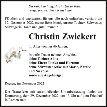Traueranzeige von Christin Zwickert  von Magdeburger Volksstimme