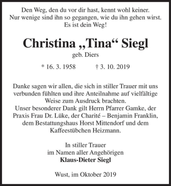 Traueranzeige von Christina ,,Tina