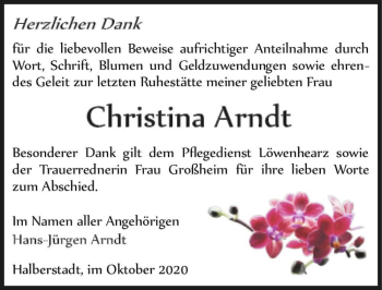Traueranzeige von Christina Arndt  von Magdeburger Volksstimme