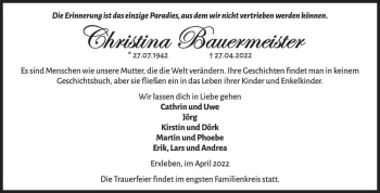 Traueranzeige von Christina Bauermeister  von Magdeburger Volksstimme