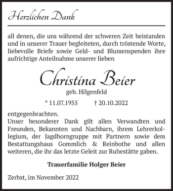 Traueranzeige von Christina Beier (geb. Hilgenfeld)  von Magdeburger Volksstimme
