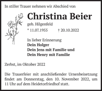 Traueranzeige von Christina Beier (geb. Hilgenfeld)  von Magdeburger Volksstimme
