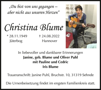 Traueranzeige von Christina Blume  von Magdeburger Volksstimme