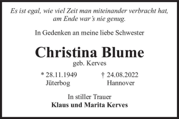 Traueranzeige von Christina Blume (geb. Kerves)  von Magdeburger Volksstimme