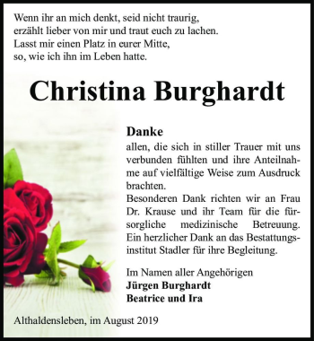 Traueranzeige von Christina Burghardt  von Magdeburger Volksstimme