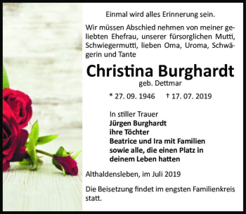 Traueranzeige von Christina Burghardt (geb. Dettmar)  von Magdeburger Volksstimme