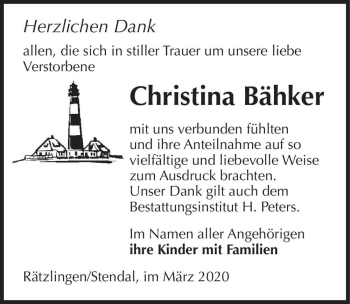 Traueranzeige von Christina Bähker  von Magdeburger Volksstimme