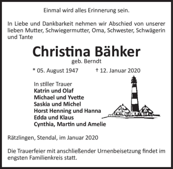 Traueranzeige von Christina Bähker (geb. Berndt)  von Magdeburger Volksstimme