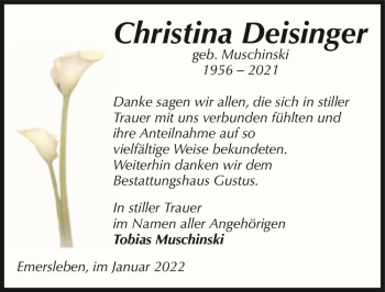 Traueranzeige von Christina Deisinger (geb. Muschinski)  von Magdeburger Volksstimme