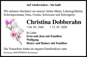 Traueranzeige von Christina Dobberahn  von Magdeburger Volksstimme